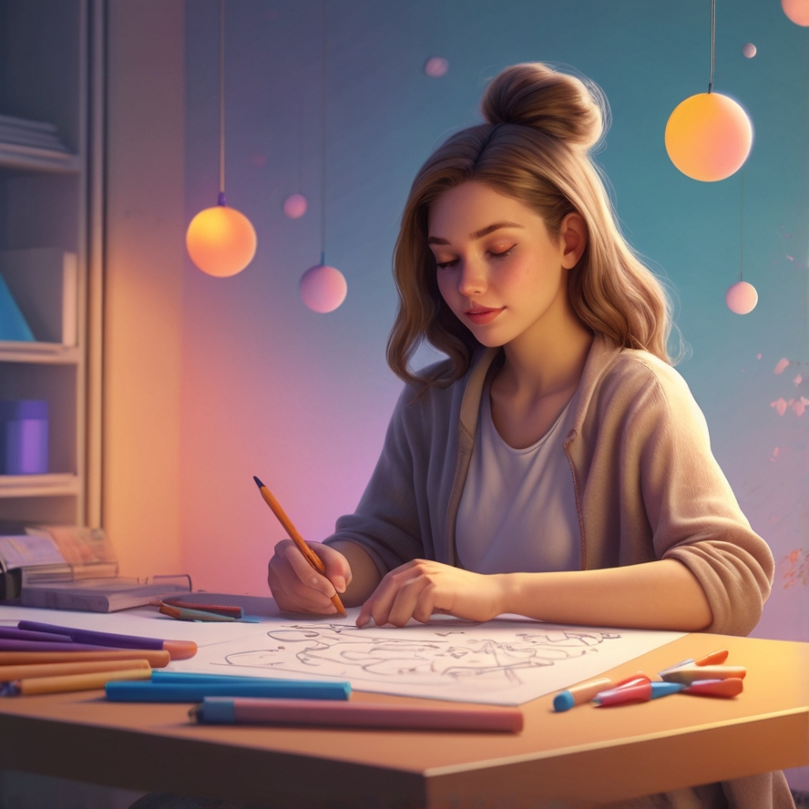 Peaceful art therapy session with colorful drawing materials